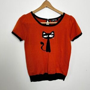 NWT Ye Mak Orange Black Cat Short Sleeve Knit Sweater Top Retro Woman's Medium
